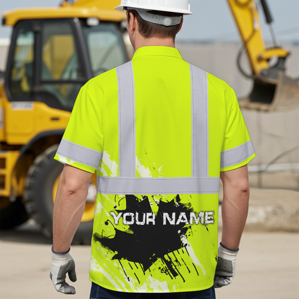 Hi Vis Hawaiian Shirt Reflective Tapes Lime Neon Canada Flag Custom Name Safety Workwear For Workers, Truckers, Operators, Canadian