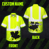 Hi Vis Hawaiian Shirt Reflective Tapes Lime Neon Canada Flag Custom Name Safety Workwear For Workers, Truckers, Operators, Canadian
