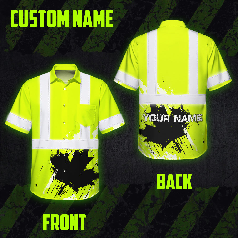 Hi Vis Hawaiian Shirt Reflective Tapes Lime Neon Canada Flag Custom Name Safety Workwear For Workers, Truckers, Operators, Canadian