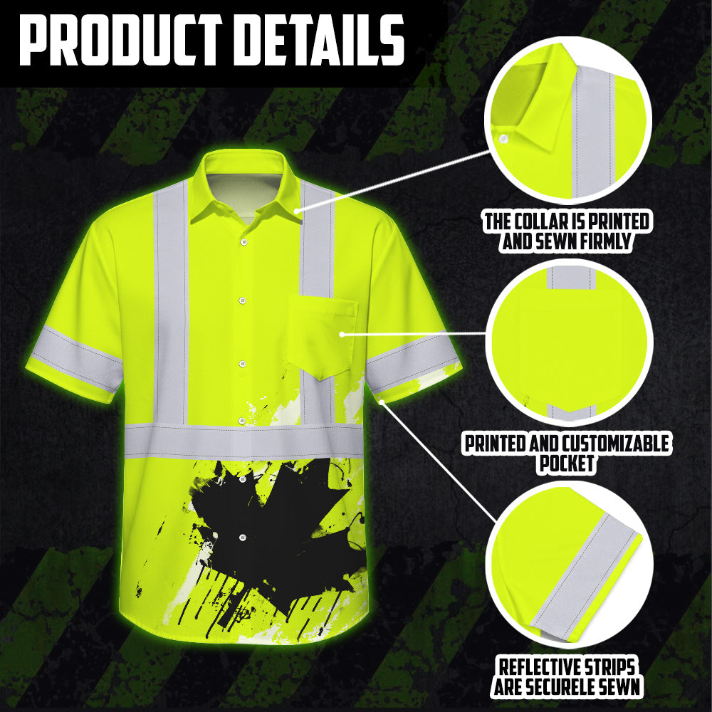 Hi Vis Hawaiian Shirt Reflective Tapes Lime Neon Canada Flag Custom Name Safety Workwear For Workers, Truckers, Operators, Canadian