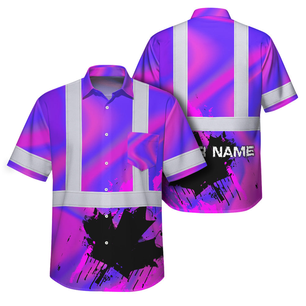 Hi Vis Hawaiian Shirt Reflective Tapes Violet Hologram Canada Flag Custom Name Safety Workwear For Workers, Truckers, Operators, Canadian