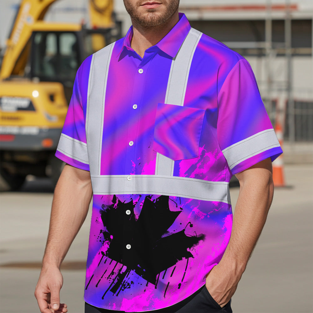 Hi Vis Hawaiian Shirt Reflective Tapes Violet Hologram Canada Flag Custom Name Safety Workwear For Workers, Truckers, Operators, Canadian