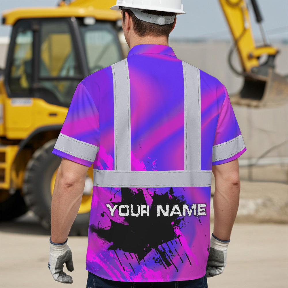 Hi Vis Hawaiian Shirt Reflective Tapes Violet Hologram Canada Flag Custom Name Safety Workwear For Workers, Truckers, Operators, Canadian