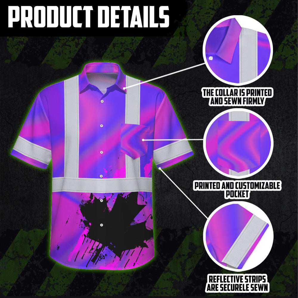 Hi Vis Hawaiian Shirt Reflective Tapes Violet Hologram Canada Flag Custom Name Safety Workwear For Workers, Truckers, Operators, Canadian