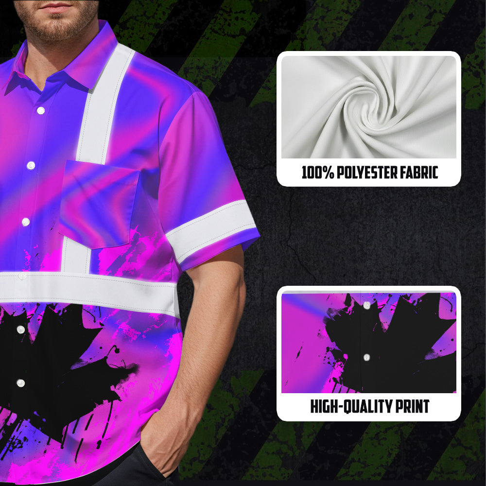 Hi Vis Hawaiian Shirt Reflective Tapes Violet Hologram Canada Flag Custom Name Safety Workwear For Workers, Truckers, Operators, Canadian