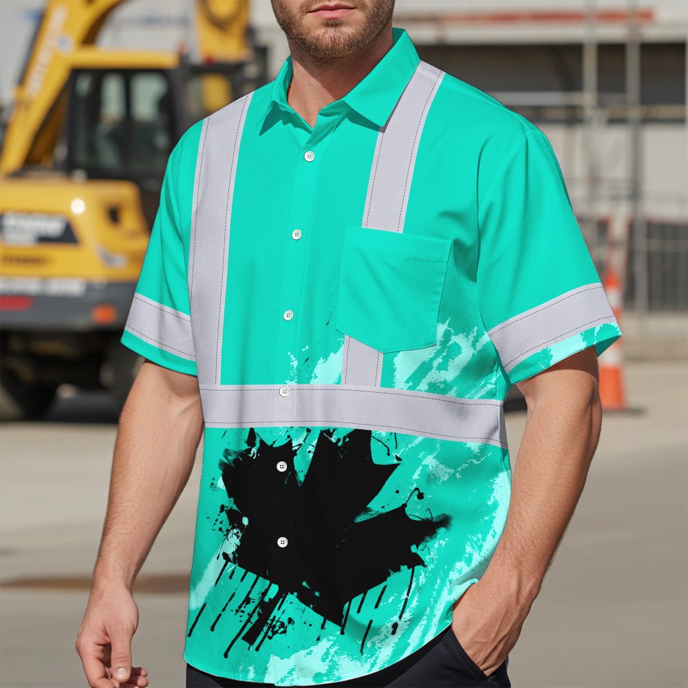 Hi Vis Hawaiian Shirt Reflective Tapes Mint Neon Canada Flag Custom Name Safety Workwear For Workers, Truckers, Operators, Canadian