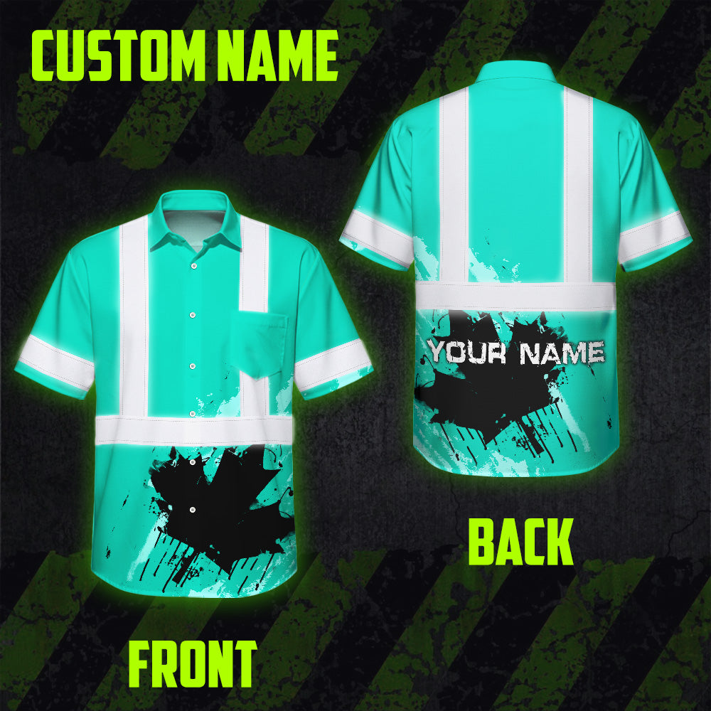 Hi Vis Hawaiian Shirt Reflective Tapes Mint Neon Canada Flag Custom Name Safety Workwear For Workers, Truckers, Operators, Canadian