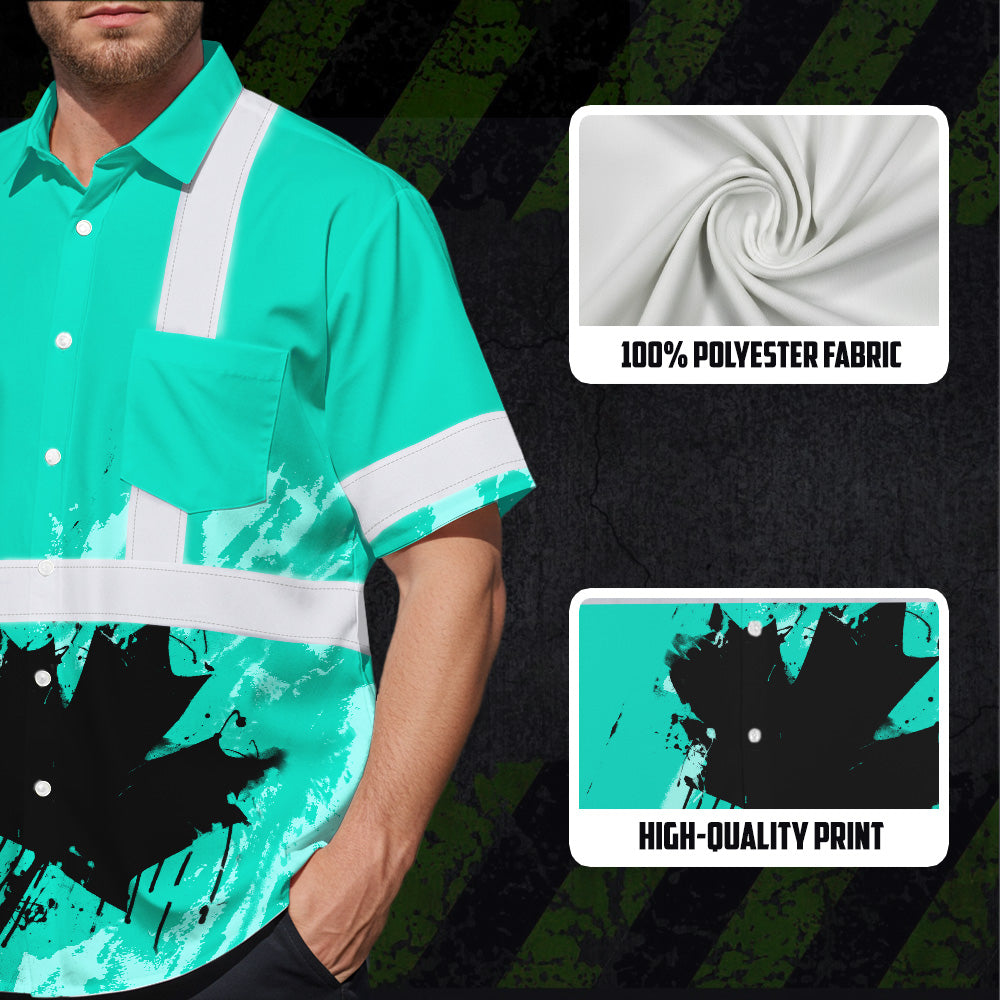 Hi Vis Hawaiian Shirt Reflective Tapes Mint Neon Canada Flag Custom Name Safety Workwear For Workers, Truckers, Operators, Canadian