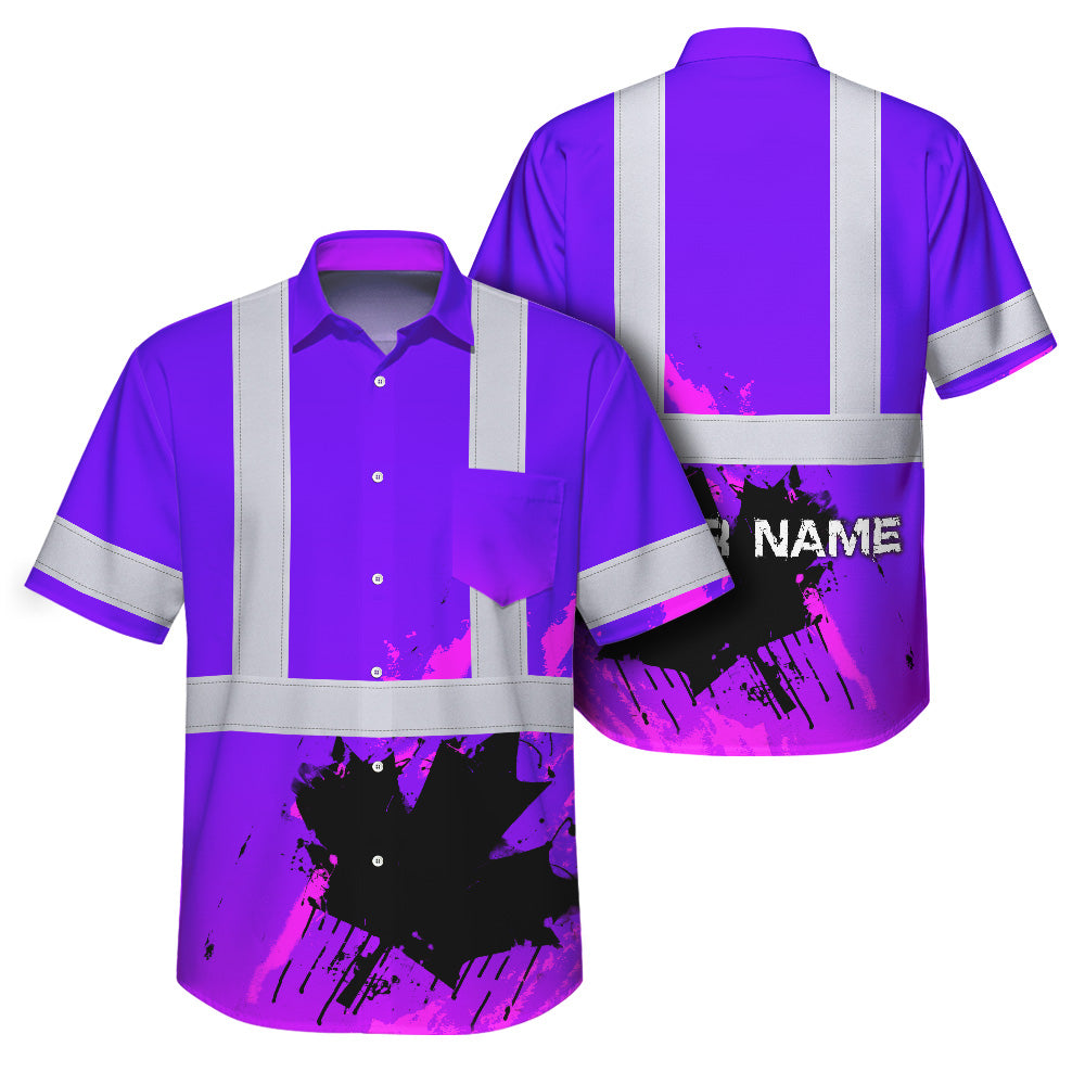 Hi Vis Hawaiian Shirt Reflective Tapes Violet Neon Canada Flag Custom Name Safety Workwear For Workers, Truckers, Operators, Canadian