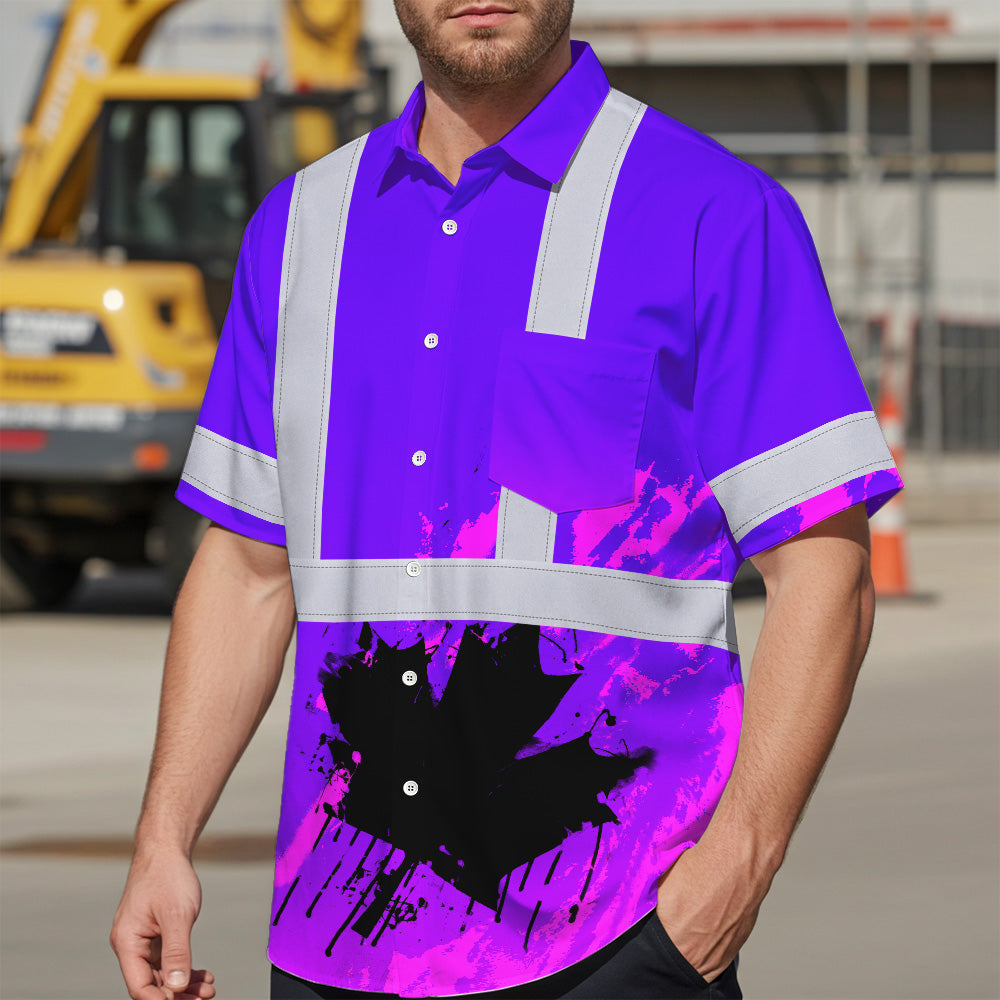 Hi Vis Hawaiian Shirt Reflective Tapes Violet Neon Canada Flag Custom Name Safety Workwear For Workers, Truckers, Operators, Canadian