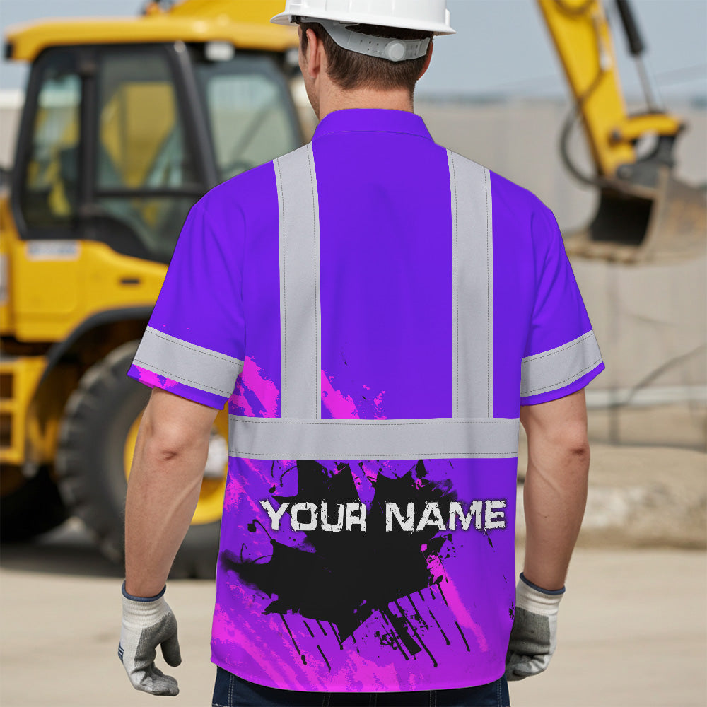 Hi Vis Hawaiian Shirt Reflective Tapes Violet Neon Canada Flag Custom Name Safety Workwear For Workers, Truckers, Operators, Canadian