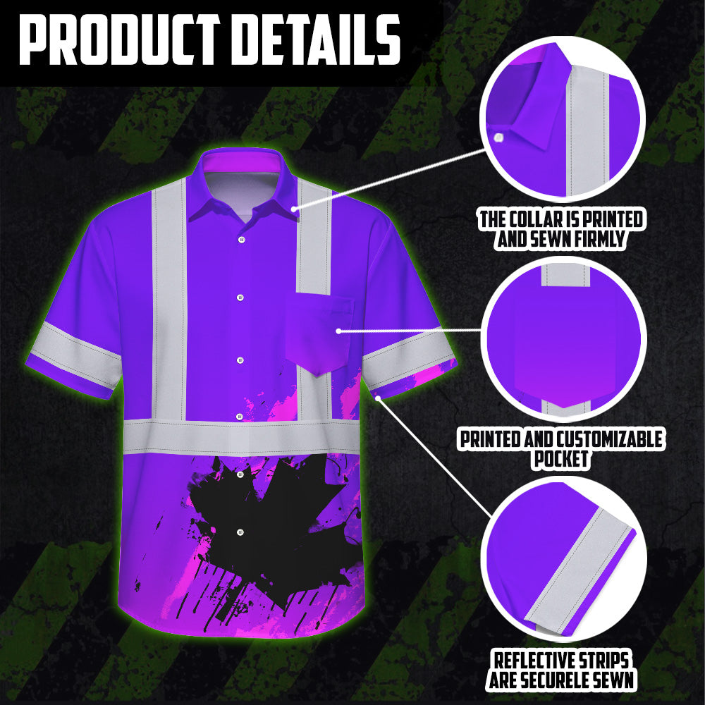 Hi Vis Hawaiian Shirt Reflective Tapes Violet Neon Canada Flag Custom Name Safety Workwear For Workers, Truckers, Operators, Canadian