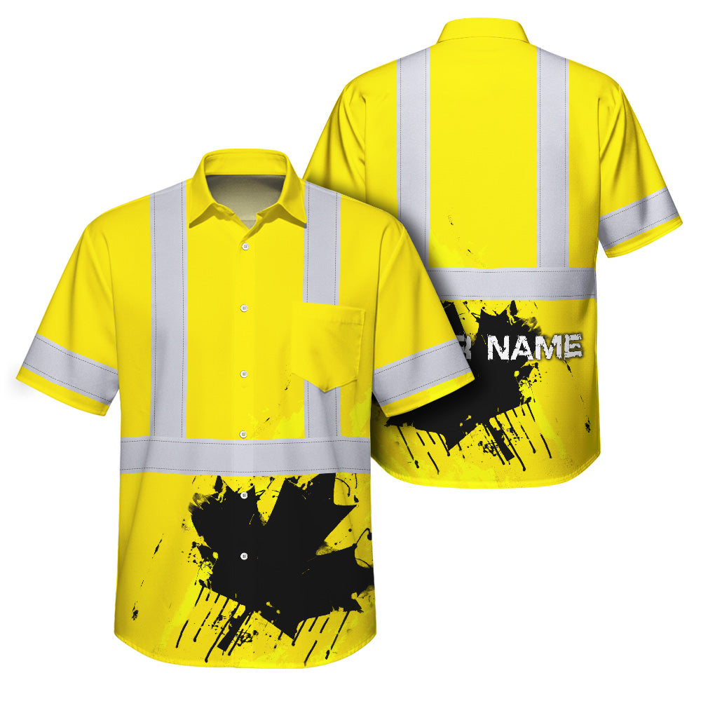 Hi Vis Hawaiian Shirt Reflective Tapes Yellow Neon Canada Flag Custom Name Safety Workwear For Workers, Truckers, Operators, Canadian