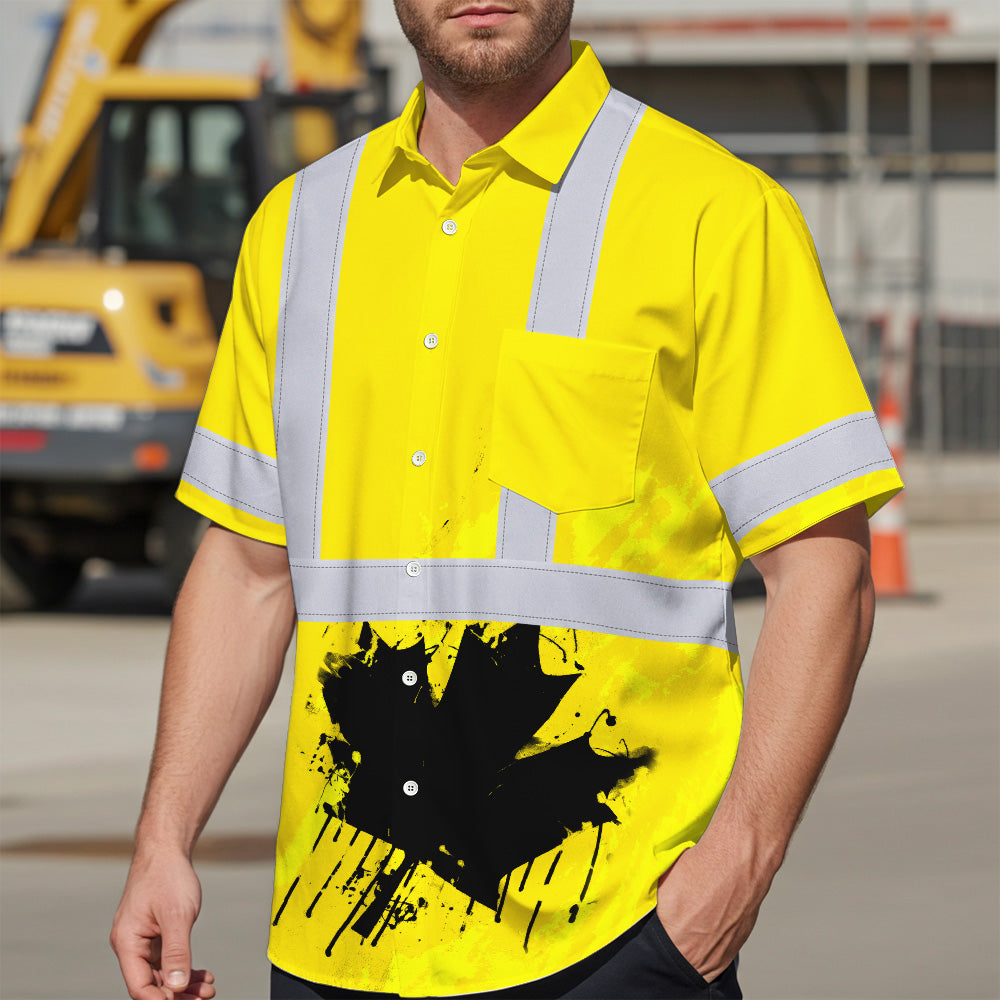 Hi Vis Hawaiian Shirt Reflective Tapes Yellow Neon Canada Flag Custom Name Safety Workwear For Workers, Truckers, Operators, Canadian