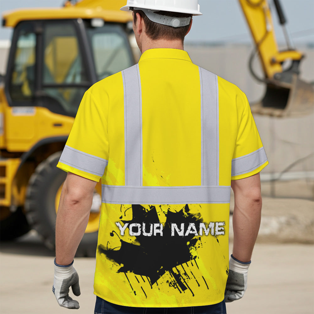Hi Vis Hawaiian Shirt Reflective Tapes Yellow Neon Canada Flag Custom Name Safety Workwear For Workers, Truckers, Operators, Canadian