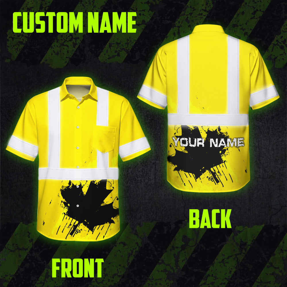 Hi Vis Hawaiian Shirt Reflective Tapes Yellow Neon Canada Flag Custom Name Safety Workwear For Workers, Truckers, Operators, Canadian
