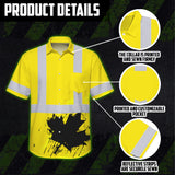 Hi Vis Hawaiian Shirt Reflective Tapes Yellow Neon Canada Flag Custom Name Safety Workwear For Workers, Truckers, Operators, Canadian