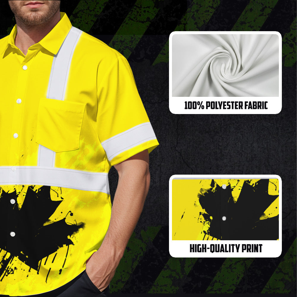 Hi Vis Hawaiian Shirt Reflective Tapes Yellow Neon Canada Flag Custom Name Safety Workwear For Workers, Truckers, Operators, Canadian