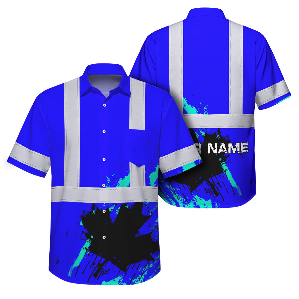Hi Vis Hawaiian Shirt Reflective Tapes Blue Neon Canada Flag Custom Name Safety Workwear For Workers, Truckers, Operators, Canadian