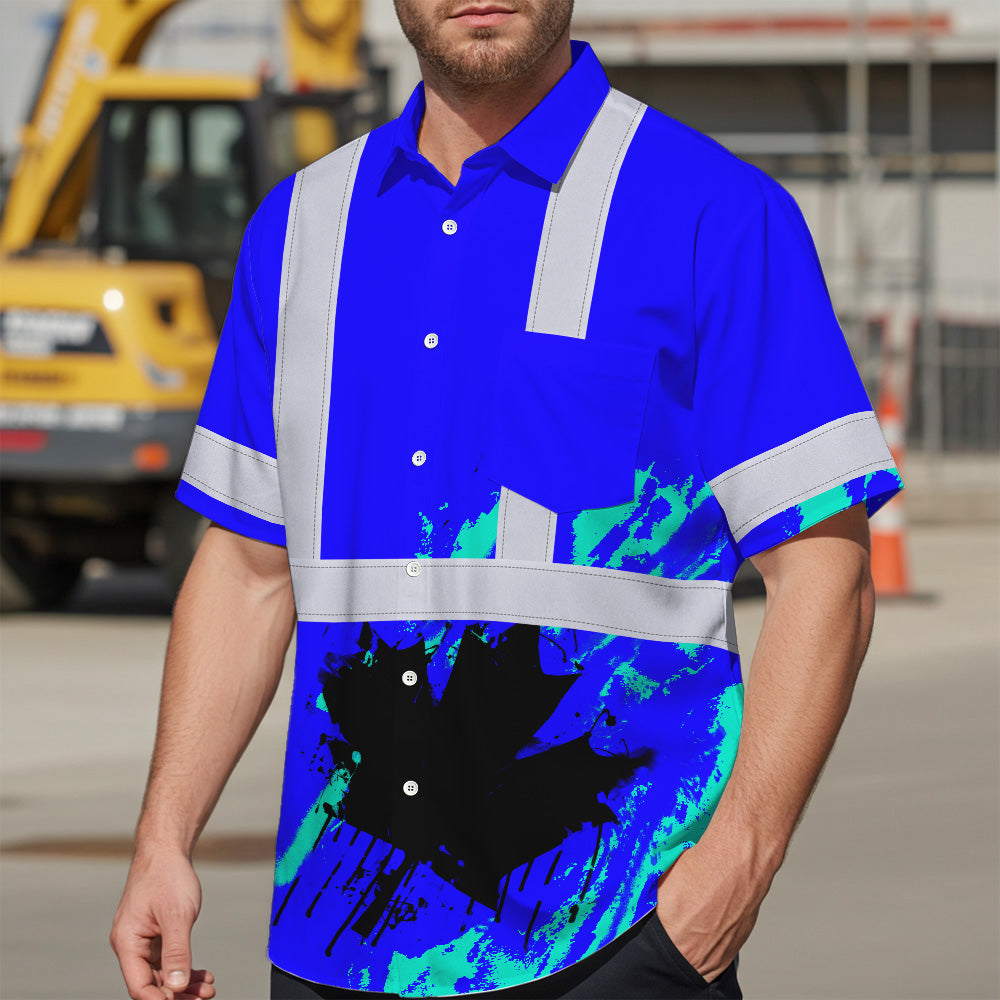 Hi Vis Hawaiian Shirt Reflective Tapes Blue Neon Canada Flag Custom Name Safety Workwear For Workers, Truckers, Operators, Canadian