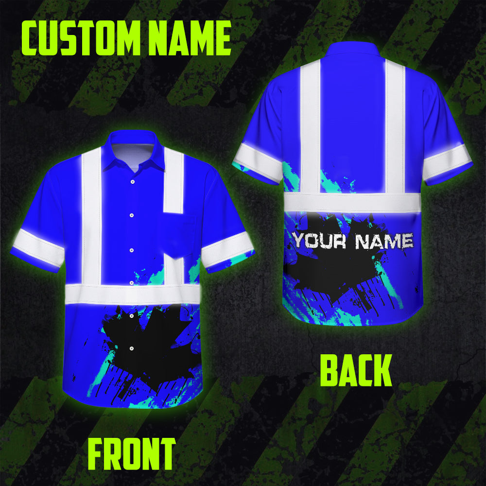 Hi Vis Hawaiian Shirt Reflective Tapes Blue Neon Canada Flag Custom Name Safety Workwear For Workers, Truckers, Operators, Canadian