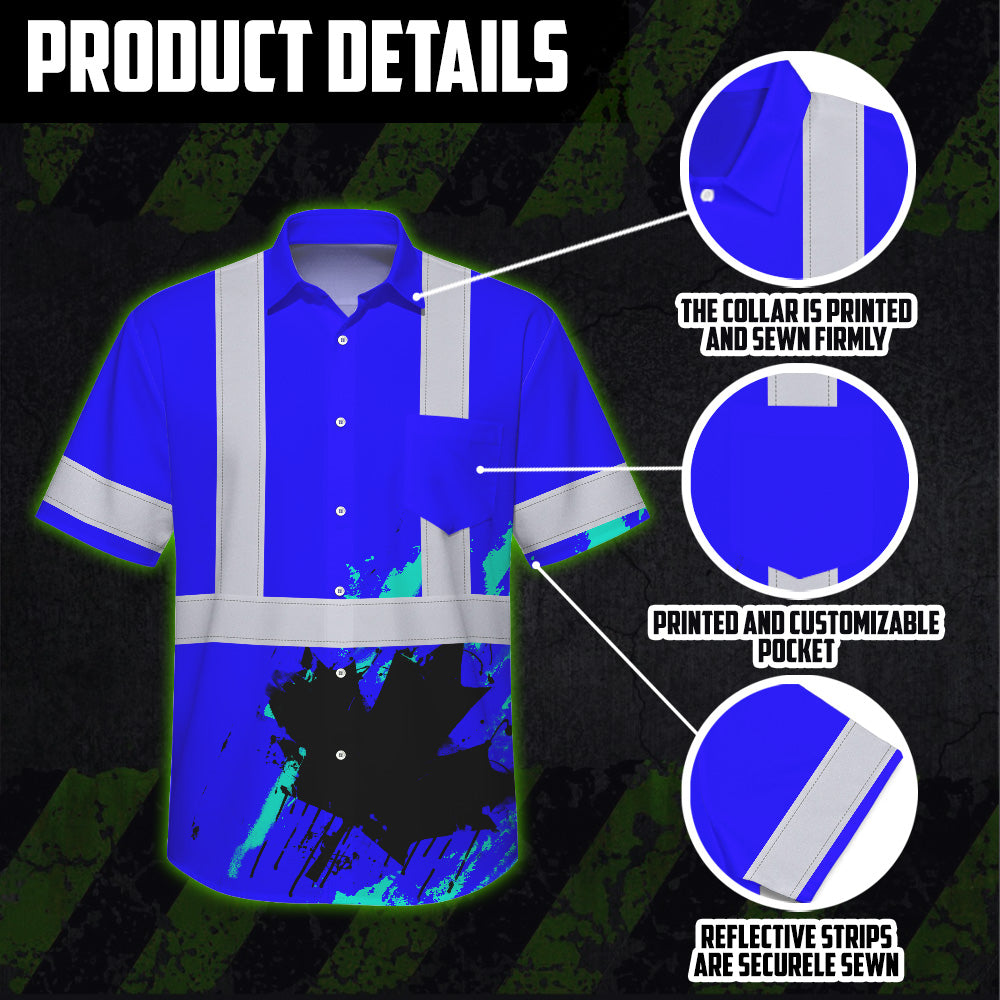 Hi Vis Hawaiian Shirt Reflective Tapes Blue Neon Canada Flag Custom Name Safety Workwear For Workers, Truckers, Operators, Canadian