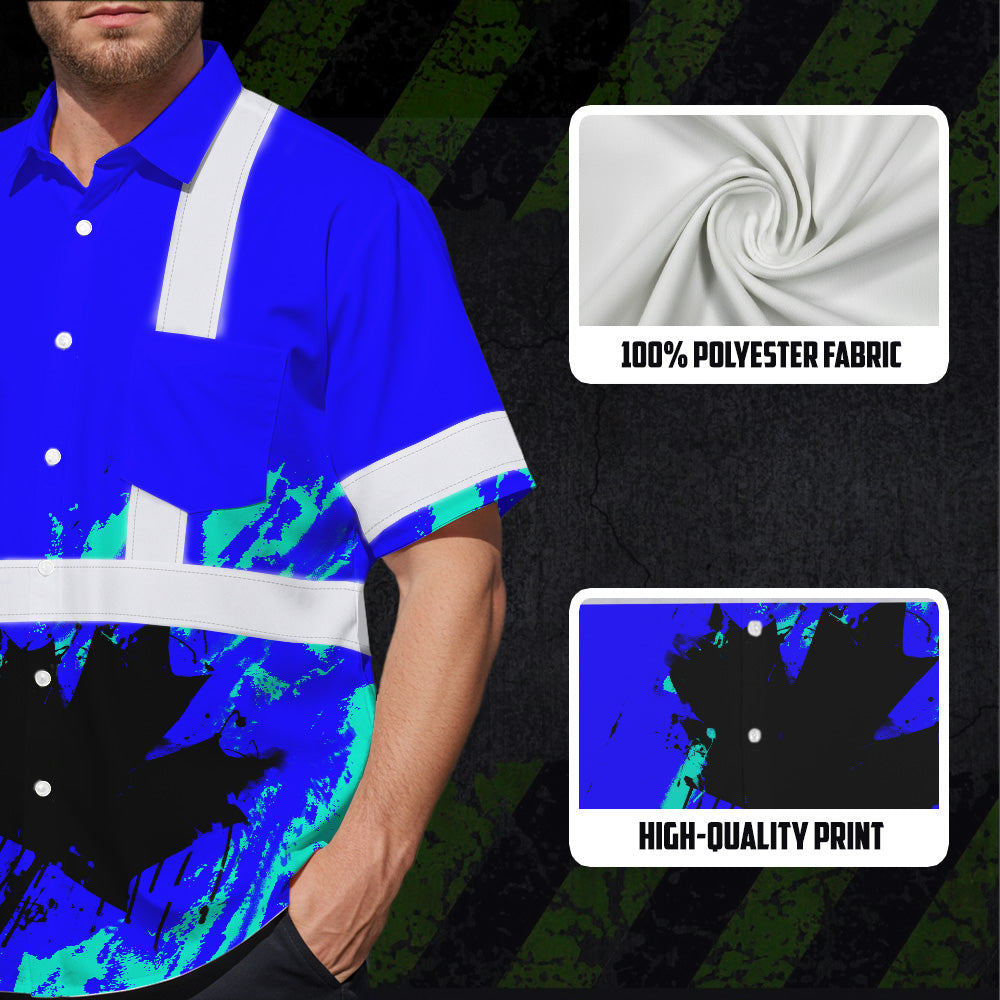 Hi Vis Hawaiian Shirt Reflective Tapes Blue Neon Canada Flag Custom Name Safety Workwear For Workers, Truckers, Operators, Canadian