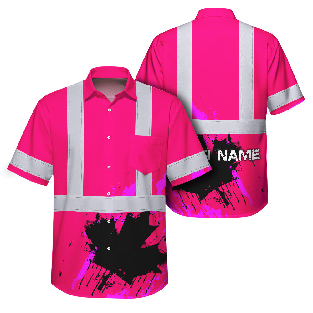 Hi Vis Hawaiian Shirt Reflective Tapes Pink Neon Canada Flag Custom Name Safety Workwear For Workers, Truckers, Operators, Canadian