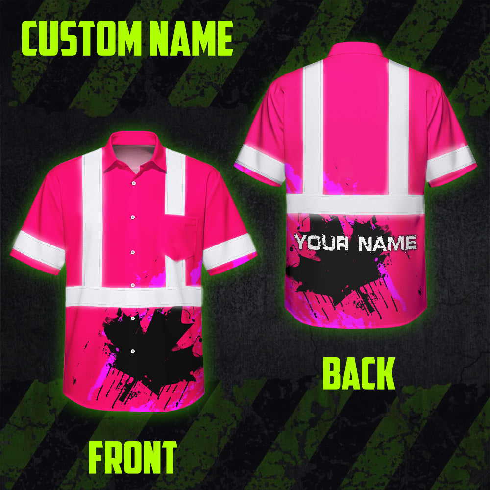 Hi Vis Hawaiian Shirt Reflective Tapes Pink Neon Canada Flag Custom Name Safety Workwear For Workers, Truckers, Operators, Canadian