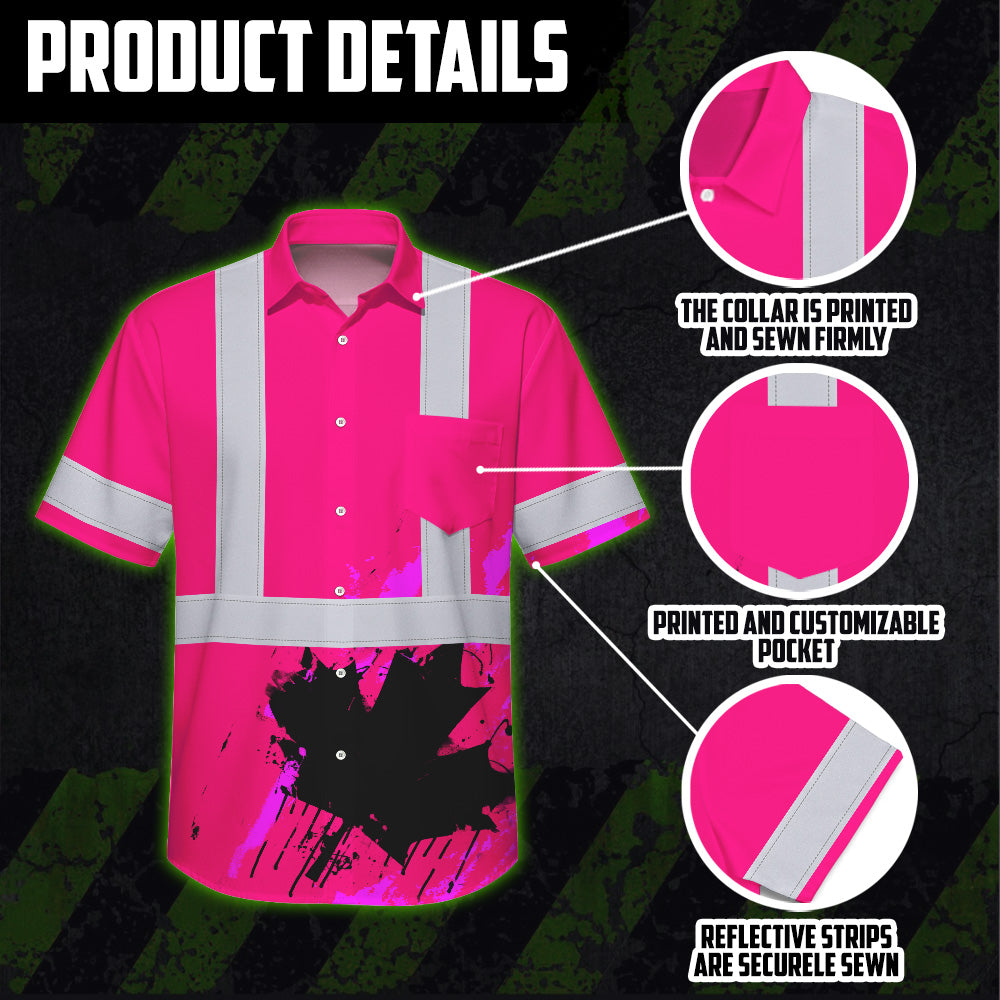 Hi Vis Hawaiian Shirt Reflective Tapes Pink Neon Canada Flag Custom Name Safety Workwear For Workers, Truckers, Operators, Canadian