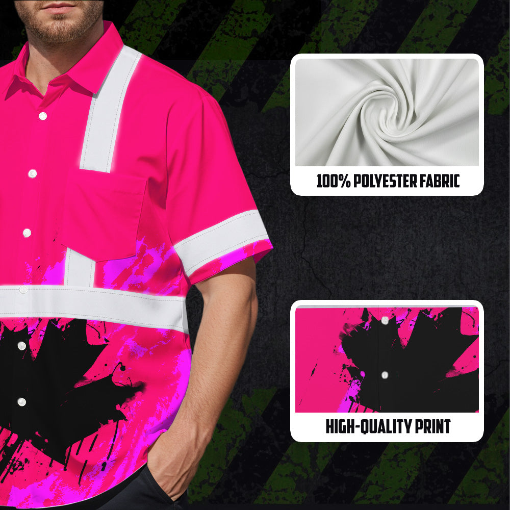 Hi Vis Hawaiian Shirt Reflective Tapes Pink Neon Canada Flag Custom Name Safety Workwear For Workers, Truckers, Operators, Canadian