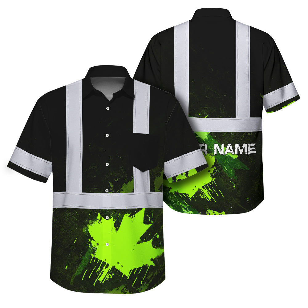Hi Vis Hawaiian Shirt Reflective Tapes Black Green Neon Canada Flag Custom Name Safety Workwear For Workers, Truckers, Operators, Canadian