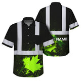 Hi Vis Hawaiian Shirt Reflective Tapes Black Green Neon Canada Flag Custom Name Safety Workwear For Workers, Truckers, Operators, Canadian