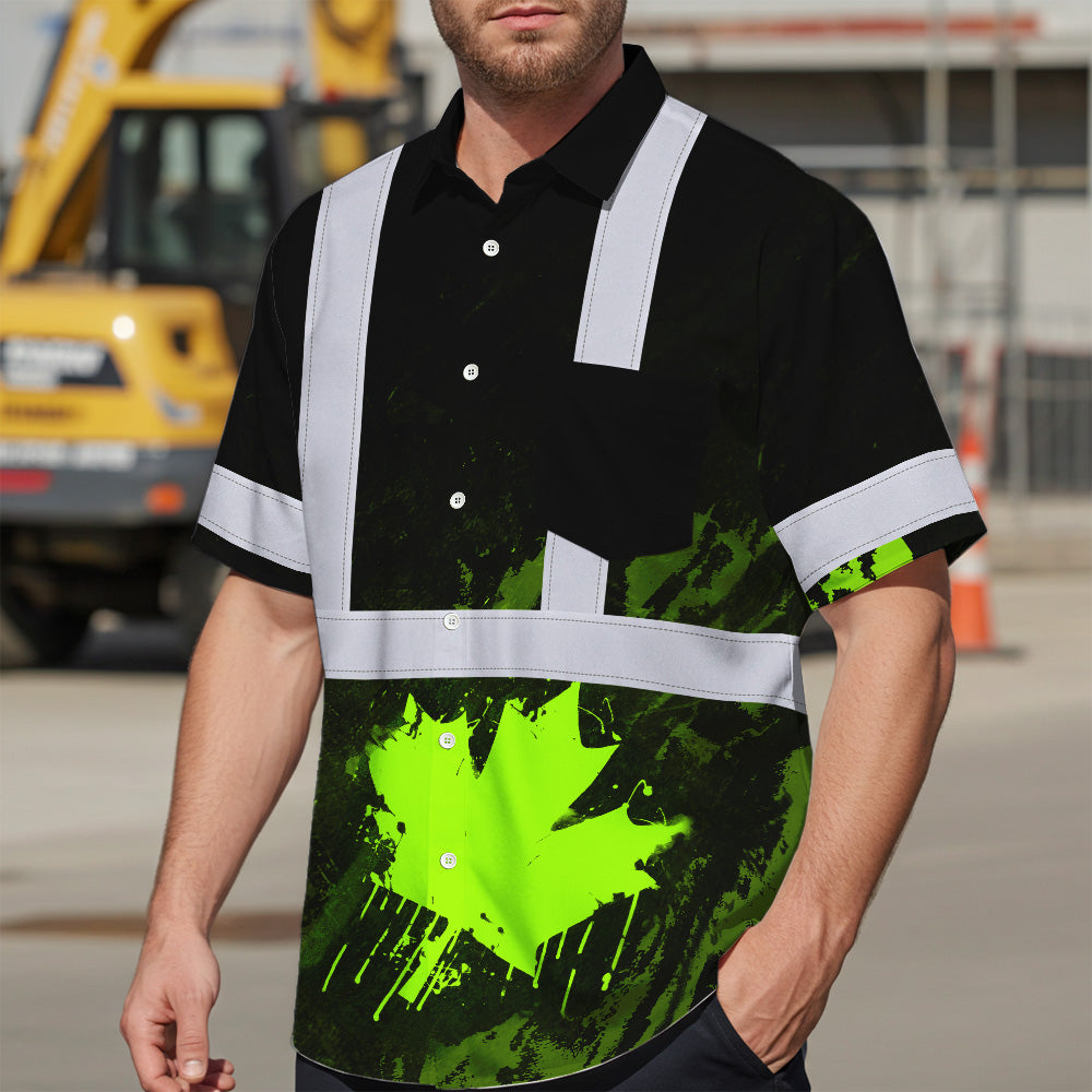 Hi Vis Hawaiian Shirt Reflective Tapes Black Green Neon Canada Flag Custom Name Safety Workwear For Workers, Truckers, Operators, Canadian