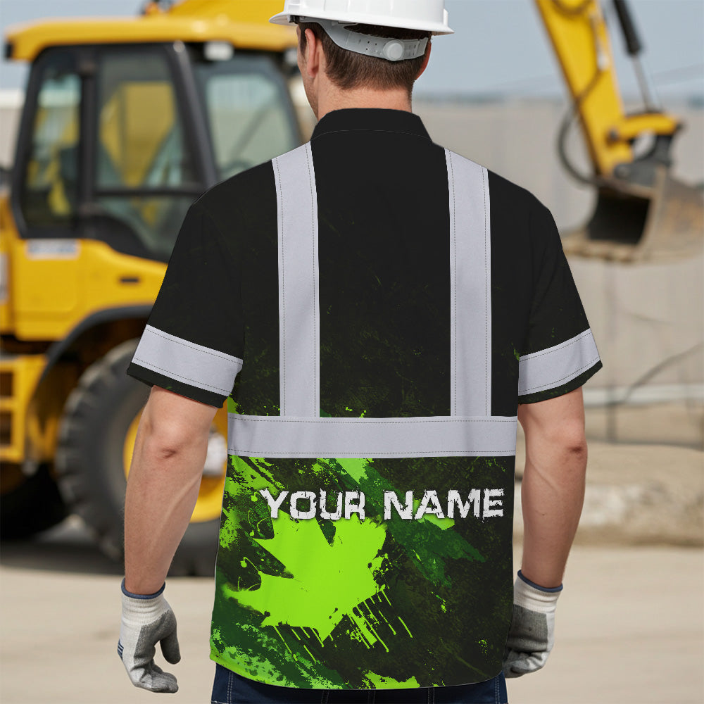 Hi Vis Hawaiian Shirt Reflective Tapes Black Green Neon Canada Flag Custom Name Safety Workwear For Workers, Truckers, Operators, Canadian