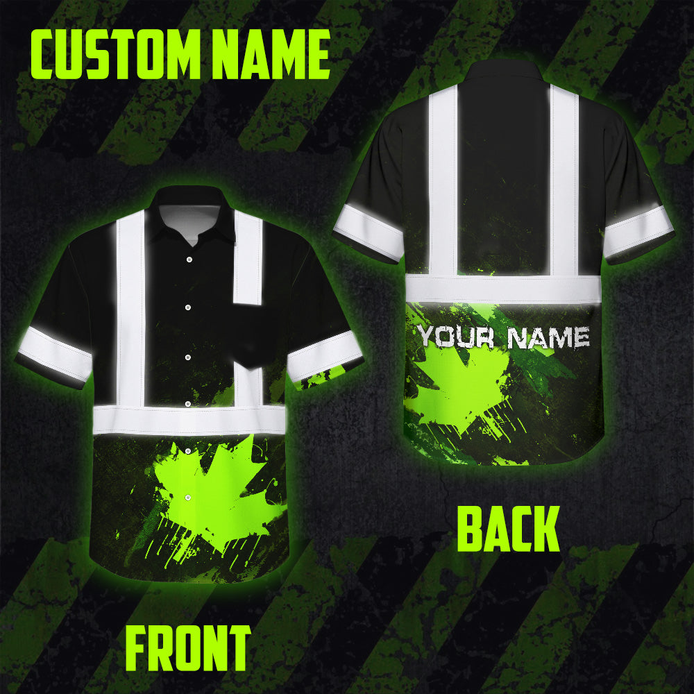 Hi Vis Hawaiian Shirt Reflective Tapes Black Green Neon Canada Flag Custom Name Safety Workwear For Workers, Truckers, Operators, Canadian