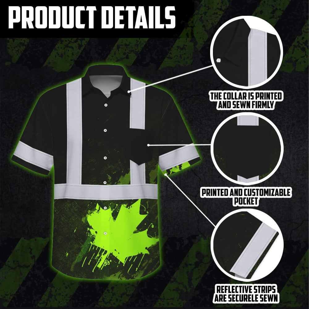 Hi Vis Hawaiian Shirt Reflective Tapes Black Green Neon Canada Flag Custom Name Safety Workwear For Workers, Truckers, Operators, Canadian
