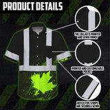Hi Vis Hawaiian Shirt Reflective Tapes Black Green Neon Canada Flag Custom Name Safety Workwear For Workers, Truckers, Operators, Canadian