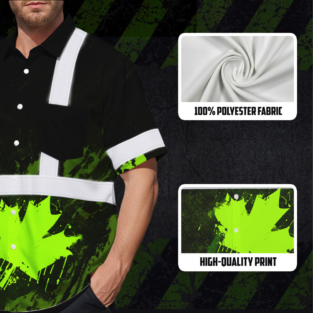 Hi Vis Hawaiian Shirt Reflective Tapes Black Green Neon Canada Flag Custom Name Safety Workwear For Workers, Truckers, Operators, Canadian