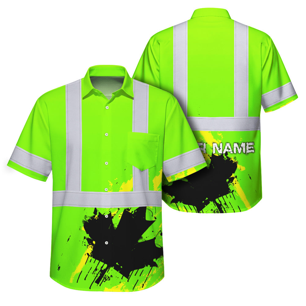 Hi Vis Hawaiian Shirt Reflective Tapes Green Neon Canada Flag Custom Name Safety Workwear For Workers, Truckers, Operators, Canadian