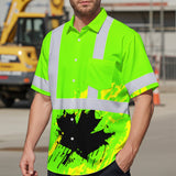 Hi Vis Hawaiian Shirt Reflective Tapes Green Neon Canada Flag Custom Name Safety Workwear For Workers, Truckers, Operators, Canadian