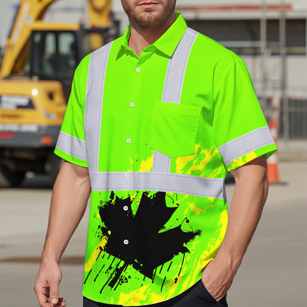 Hi Vis Hawaiian Shirt Reflective Tapes Green Neon Canada Flag Custom Name Safety Workwear For Workers, Truckers, Operators, Canadian