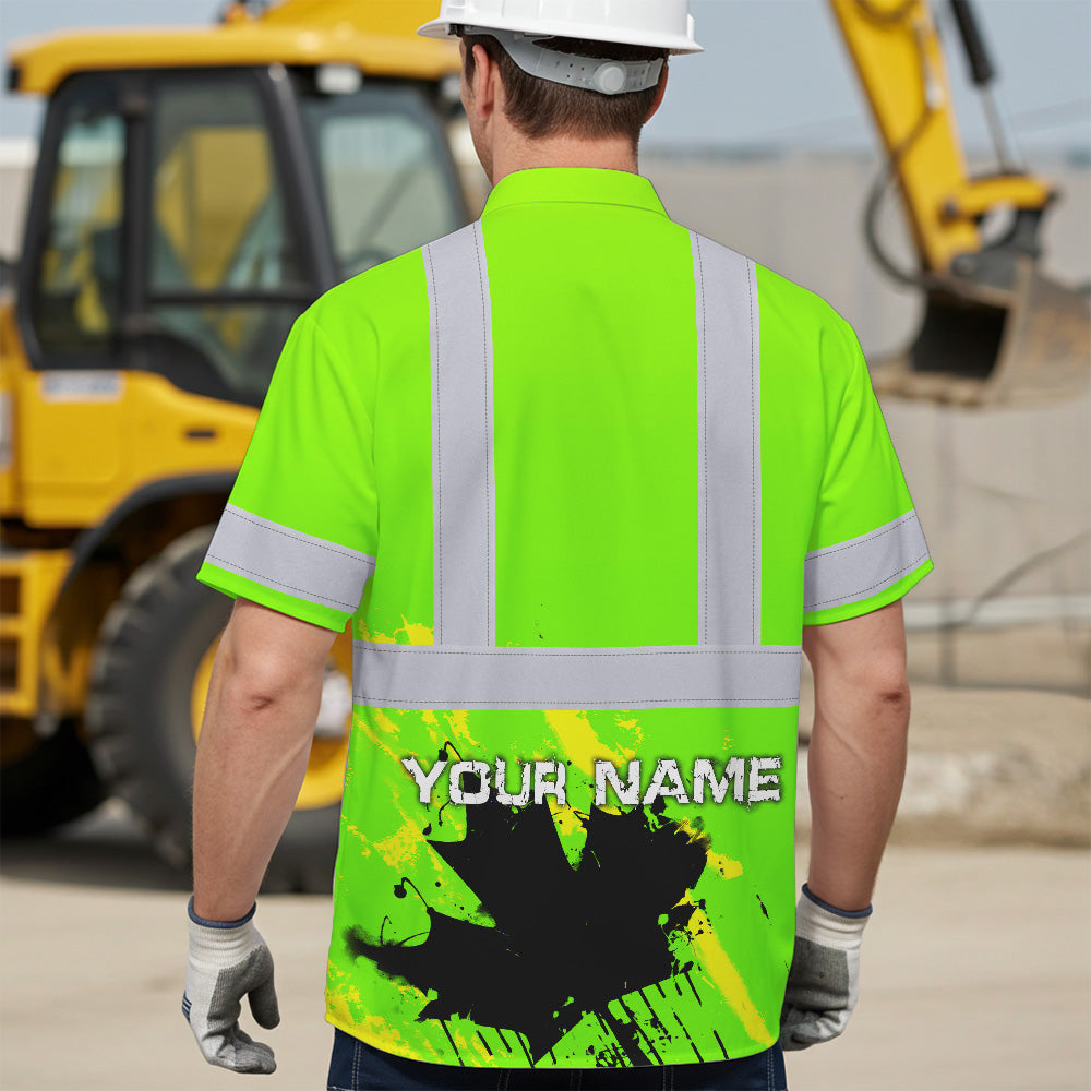 Hi Vis Hawaiian Shirt Reflective Tapes Green Neon Canada Flag Custom Name Safety Workwear For Workers, Truckers, Operators, Canadian