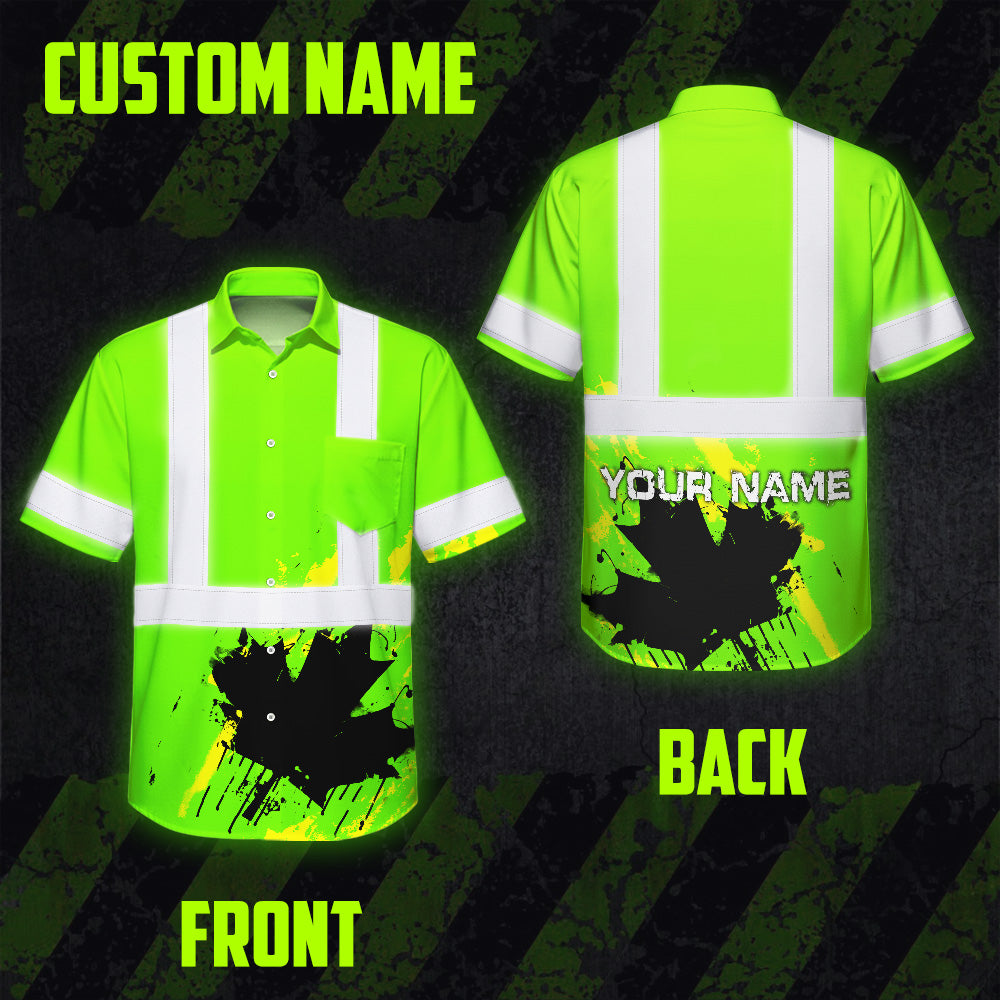 Hi Vis Hawaiian Shirt Reflective Tapes Green Neon Canada Flag Custom Name Safety Workwear For Workers, Truckers, Operators, Canadian