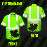 Hi Vis Hawaiian Shirt Reflective Tapes Green Neon Canada Flag Custom Name Safety Workwear For Workers, Truckers, Operators, Canadian