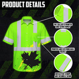 Hi Vis Hawaiian Shirt Reflective Tapes Green Neon Canada Flag Custom Name Safety Workwear For Workers, Truckers, Operators, Canadian