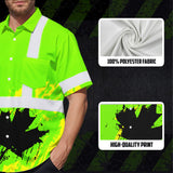 Hi Vis Hawaiian Shirt Reflective Tapes Green Neon Canada Flag Custom Name Safety Workwear For Workers, Truckers, Operators, Canadian