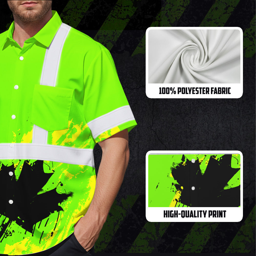 Hi Vis Hawaiian Shirt Reflective Tapes Green Neon Canada Flag Custom Name Safety Workwear For Workers, Truckers, Operators, Canadian