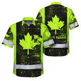 Hi Vis Hawaiian Shirt Reflective Tapes Green Neon Canada Flag 2 Custom Name Safety Workwear For Workers, Truckers, Operators, Canadian