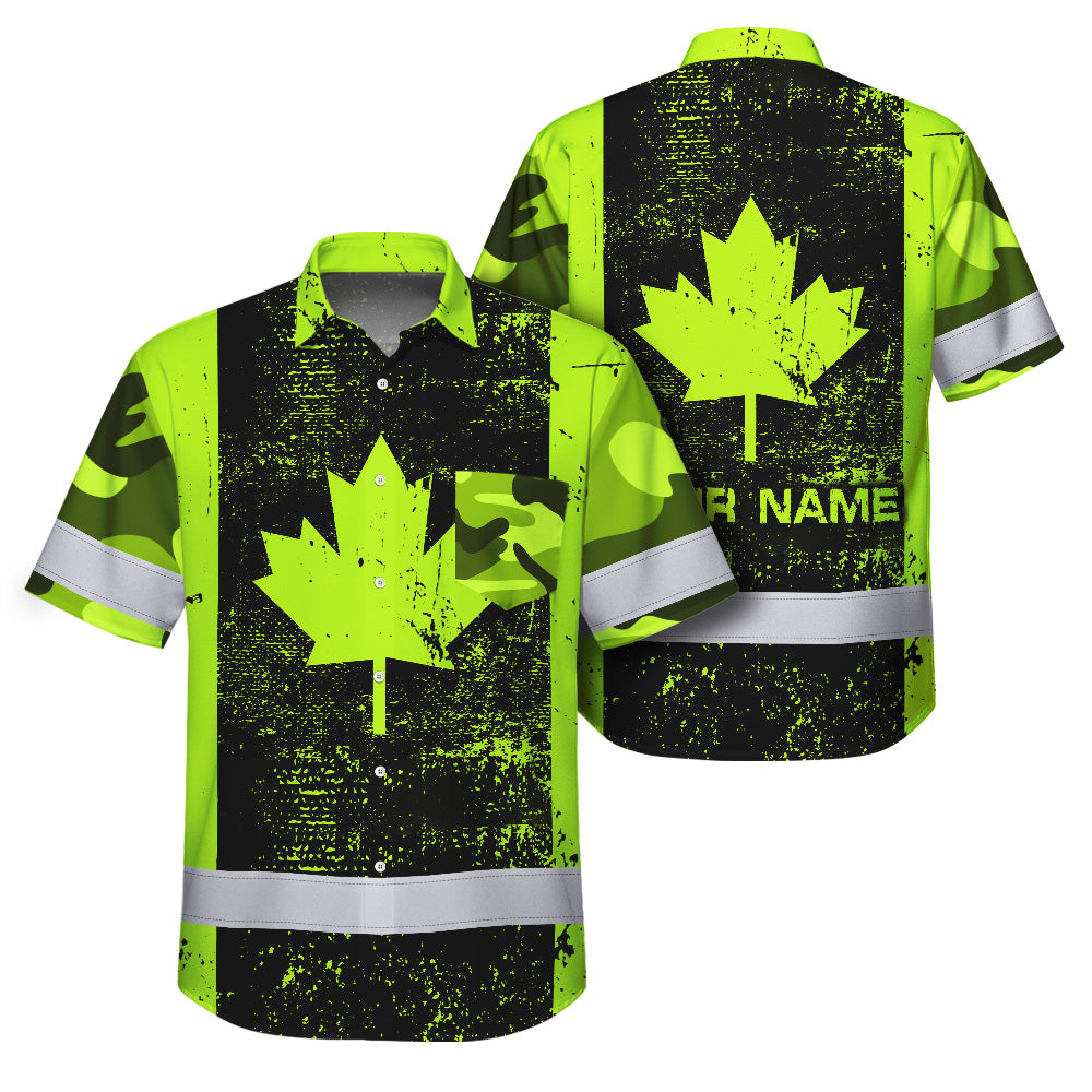 Hi Vis Hawaiian Shirt Reflective Tapes Green Neon Canada Flag 2 Custom Name Safety Workwear For Workers, Truckers, Operators, Canadian